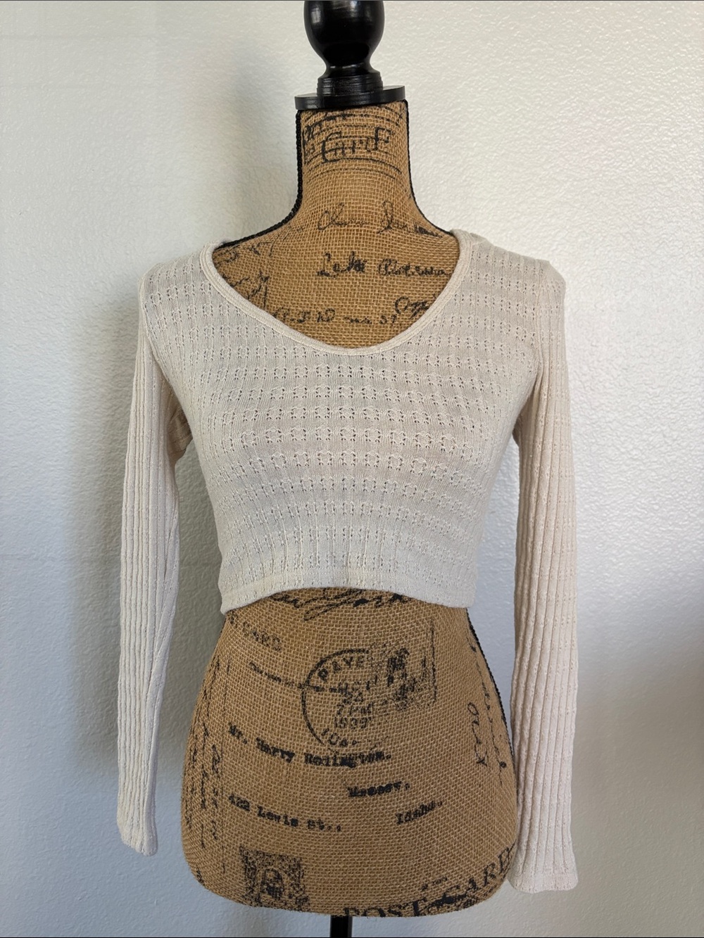 Audrey 3+1 Cream Ribbed Cropped Hoodie Long-Sleeve Top